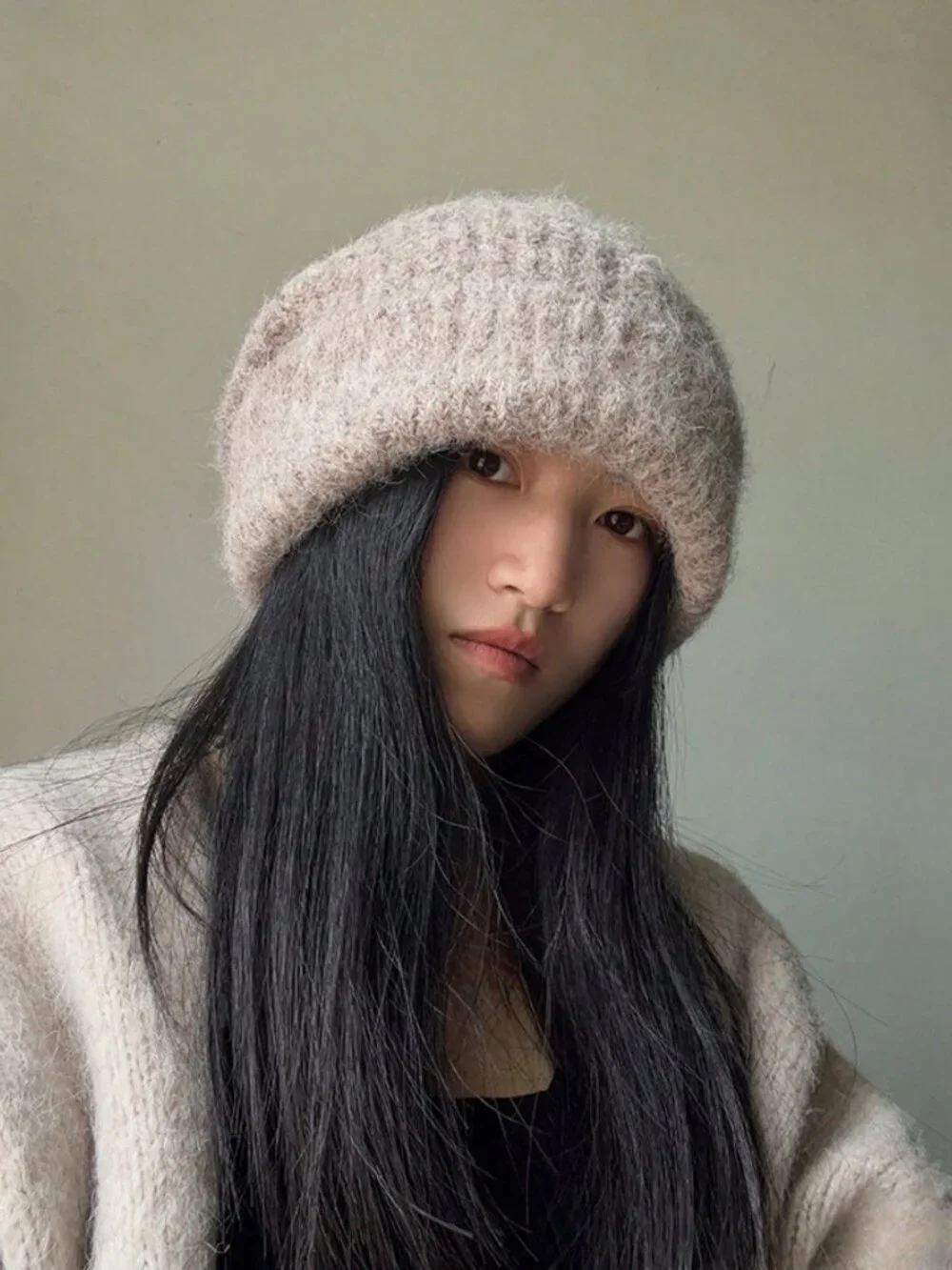 Khaki Casual Women's Fuzzy Plain Knitted Long Beanie